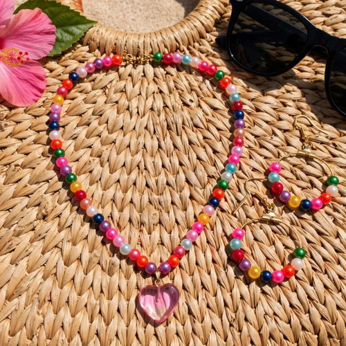 Handmade colorful beaded summer necklace and earrings set