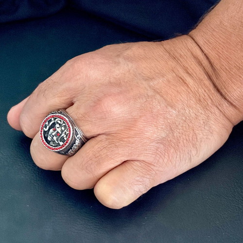 Medusa Gorgon ring, 316L stainless steel with red cubic zirconia