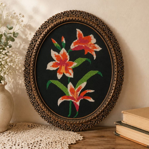 Vintage handmade cross-stitch frame with flowers used, 30×36 cm