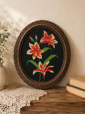 Vintage handmade cross-stitch frame with flowers used, 30×36 cm