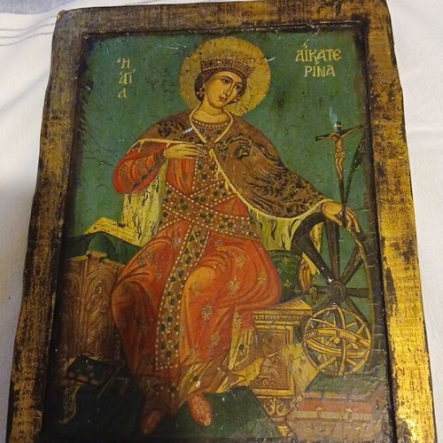 Wooden hand-painted icon of Saint Aikaterini used