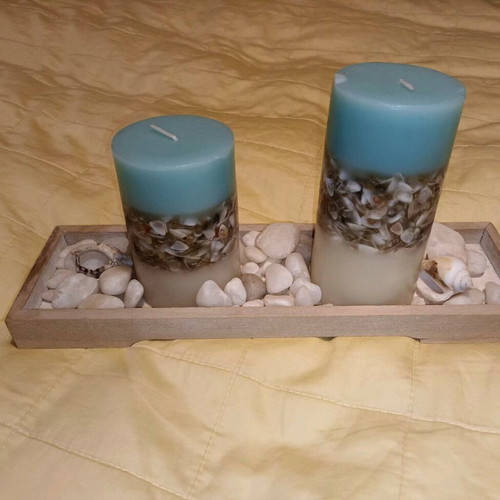 Sea Waves candle set with shells and wooden base like new