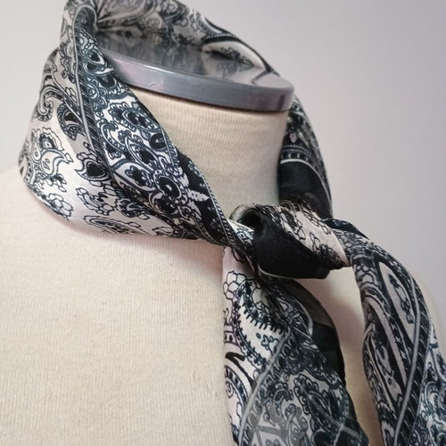 Silk square scarf used, black and white striped with elephants