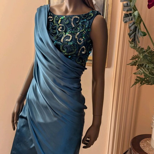 aftershock evening dress Dionne Blue Velvet One Shoulder Dress