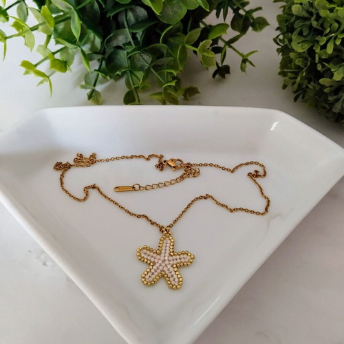 Steel starfish miyuki necklace made to order, beige and gold