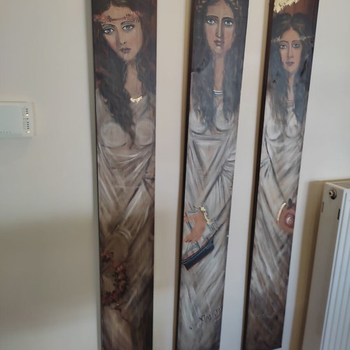 Painting triptych by Christina Belekou like new, female figures symbolizing concepts