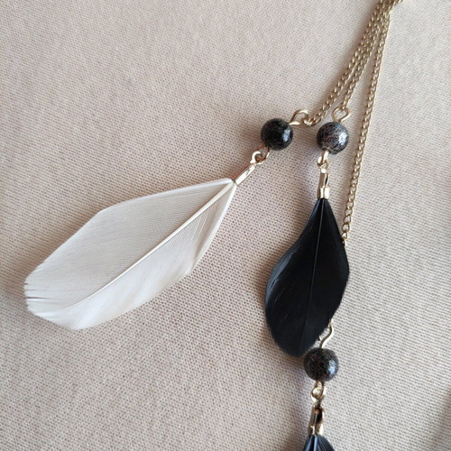 Boho feather dangle earrings like new, black and white