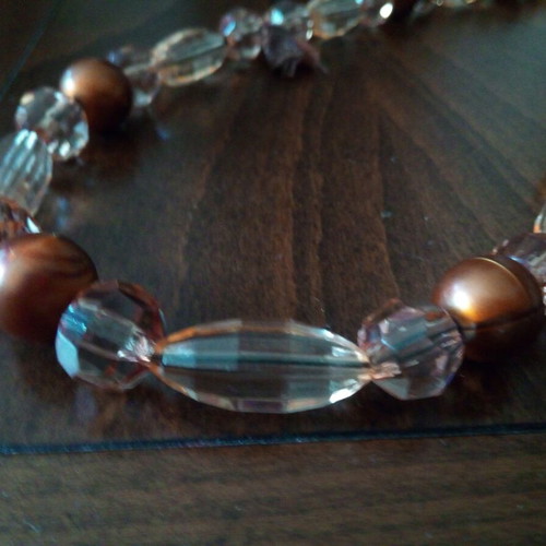 Long necklace with acrylic bronze pearls and transparent beads like new