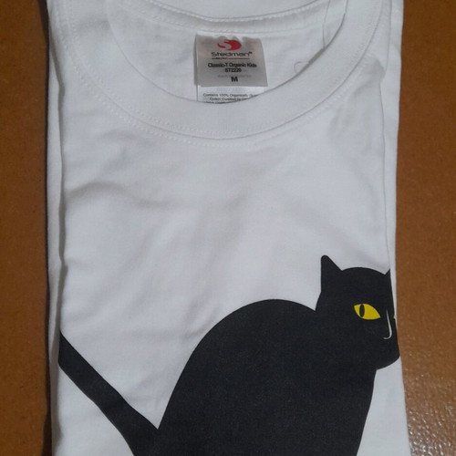 T-shirt white with black cat and logo, kids size medium, new