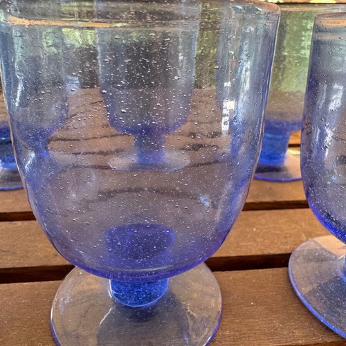 Set of 6 vintage blue bubble glass water wine juice glasses
