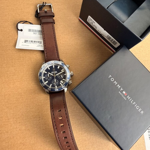 Tommy Hilfiger TH85 Chronograph Watch New, Blue Dial Brown Leather
