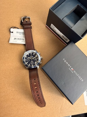 Tommy Hilfiger TH85 Chronograph Watch New, Blue Dial Brown Leather