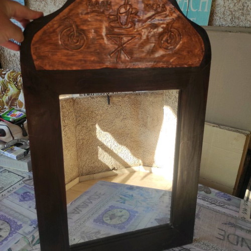 Vintage wooden handmade mirror 73x43cm with copper inscription 'καλημέρα' like new