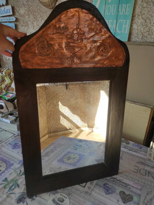 Vintage wooden handmade mirror 73x43cm with copper inscription 'καλημέρα' like new