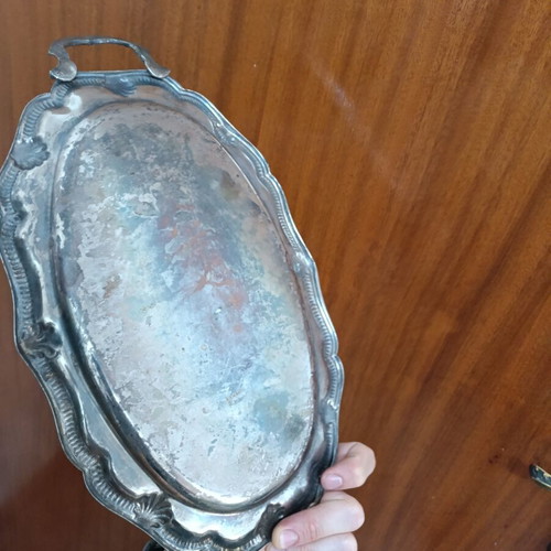 Vintage metal oval serving tray with handles