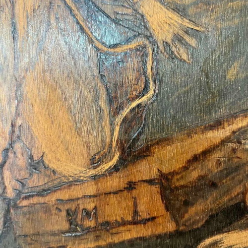 Vintage pyrography wall art with artist signature depicting Bouboulina used