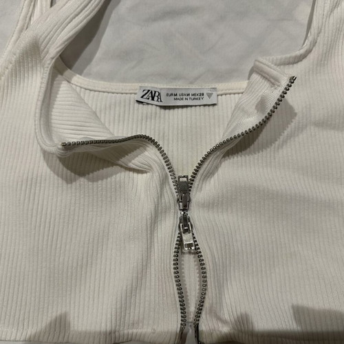 Zara white rib crop top with double zipper, size M