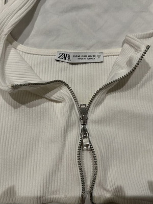Zara white rib crop top with double zipper, size M