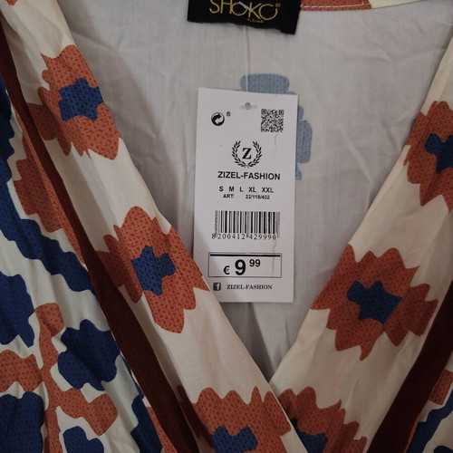 Shoko long summer dress with archaeological pattern, beige and blue