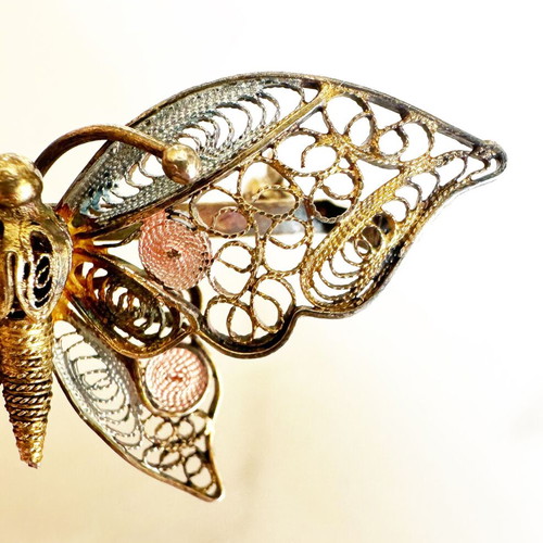 Vintage silver filigree butterfly brooch Art Deco 1930s used