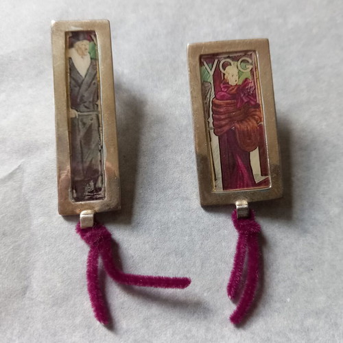 Asymmetric handmade earrings silver 925 with enameled pieces and burgundy cords new