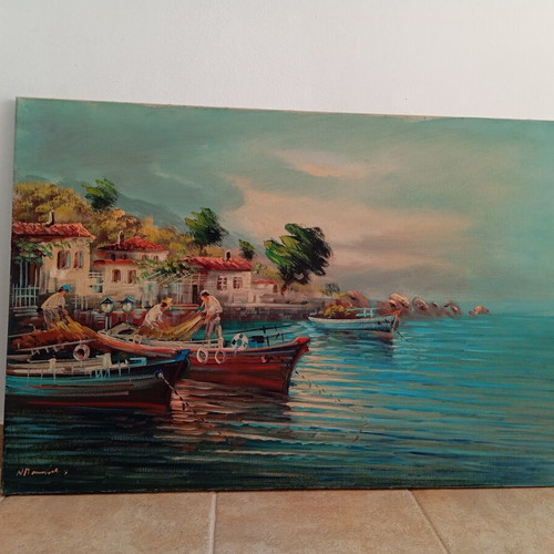 Oil Painting on Canvas by Nikos Papadopoulos, Like New, Island Theme