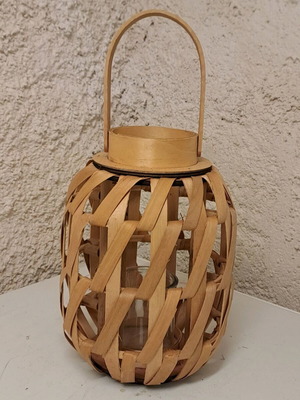 Wooden lantern like new, natural color with glass candle holder