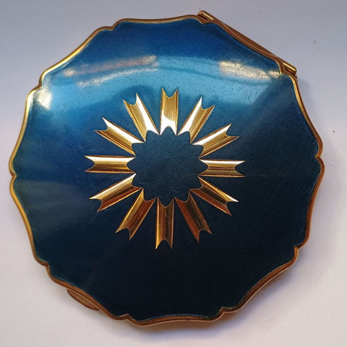 Vintage Stratton powder case used with mirror, blue and gold enamel
