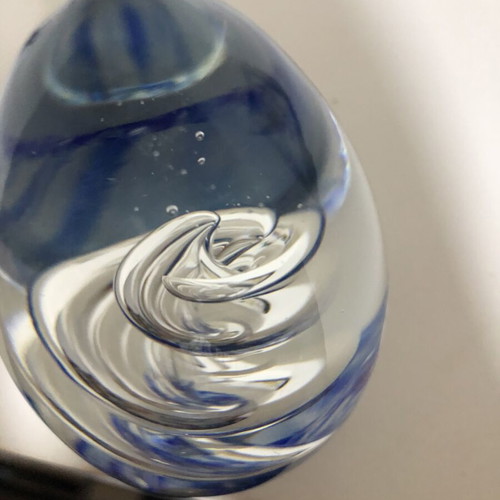 Hand Blown Art Glass Blue Spiraled Egg Paperweight, large