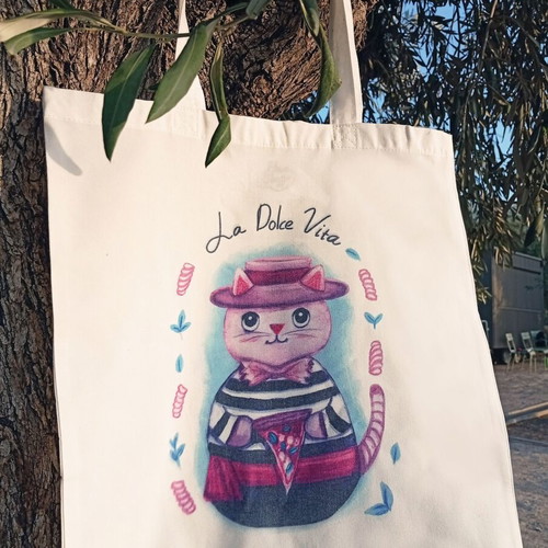 Italian Cat tote bag, polyester, shoulder strap, white