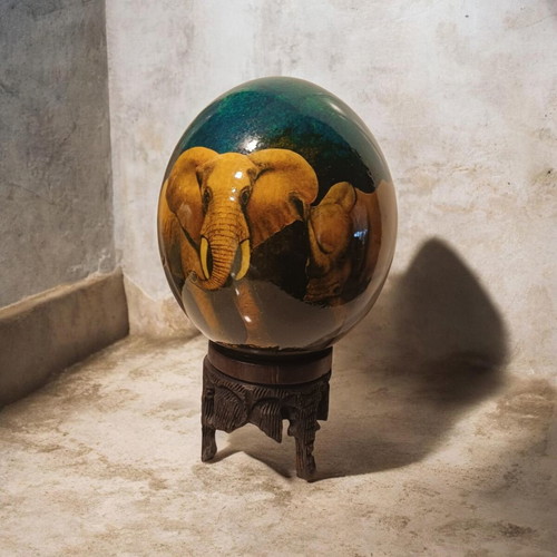 Hand-painted Ostrich Egg with Wooden Base, African Safari