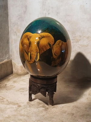 Hand-painted Ostrich Egg with Wooden Base, African Safari