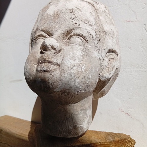 Plaster Head Sculpture on Wooden Base 23 cm, used