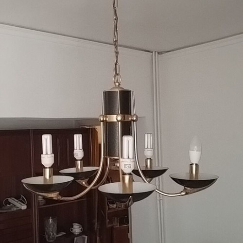 Pentagonal black and gold chandelier with gold chain