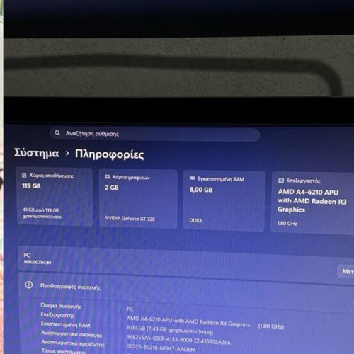 Lenovo computer used with AMD A4-6210, NVIDIA GeForce GT 720, 8GB RAM, 128GB SSD