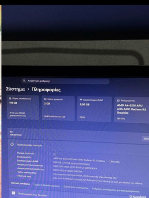 Lenovo computer used with AMD A4-6210, NVIDIA GeForce GT 720, 8GB RAM, 128GB SSD