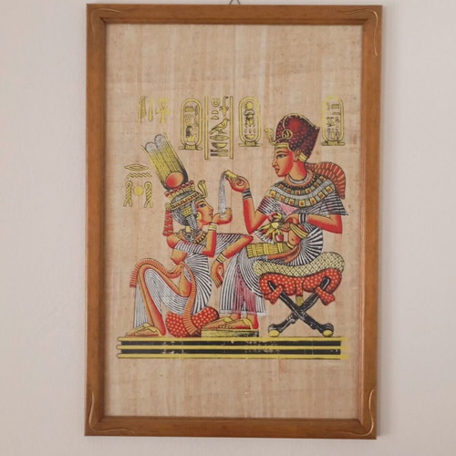 Papyrus in wooden frame limba wood new with golden details