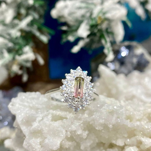 Handmade silver ring with natural watermelon tourmaline and moissanite