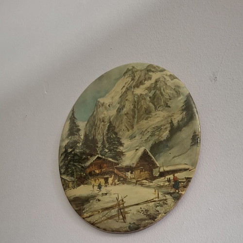Vintage Metal Decorative Wall Plate Alpine Winter Landscape 24cm like new