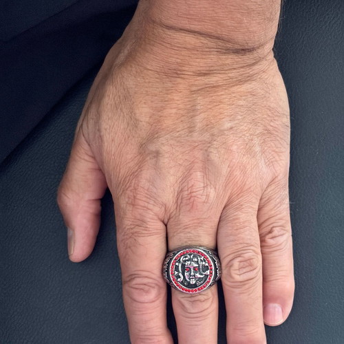 Medusa Gorgon ring, 316L stainless steel with red cubic zirconia