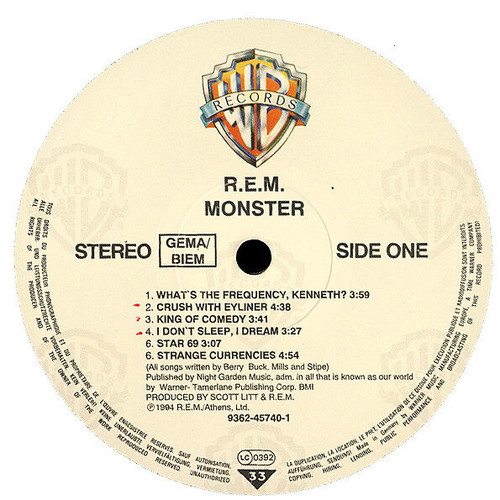 R.E.M. Monster vinyl record used, rock