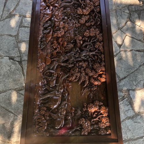 Handcrafted carved wood table with elephants and matching stool, Asian style