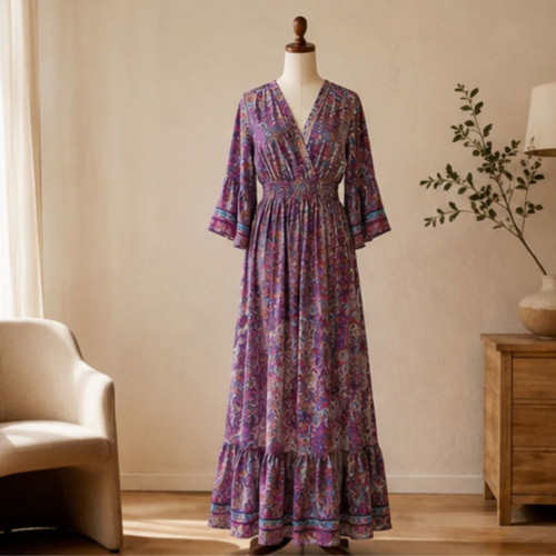 Silk Boho Maxi Dress M Dimond Milano, new, purple paisley