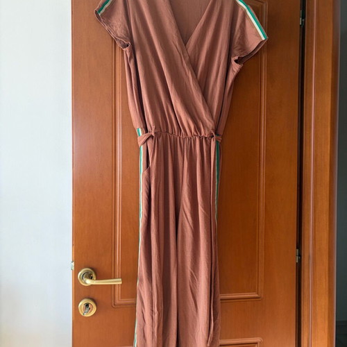 Enzzo fabric jumpsuit like new, brown with green stripe, size M