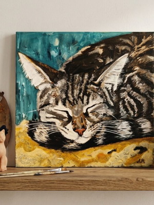 Sleeping Cat πρωτότυπος πίνακας ακρυλικό σε καμβά από Λία Μήλου καινούργιο