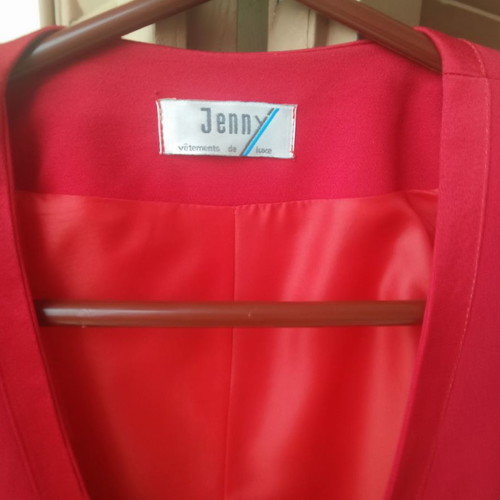 Women's vintage suit used, dress, jacket and belt, red crepe, small