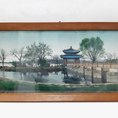 Silk tapestry mid-20th century with Chinese pagoda and bridge, used