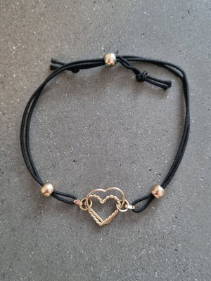 Heart bracelet with adjustable elastic and double heart, new, black and gold