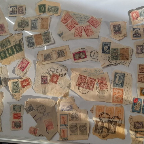 Old Greek stamps on envelope cutouts used, 1930s-1950s