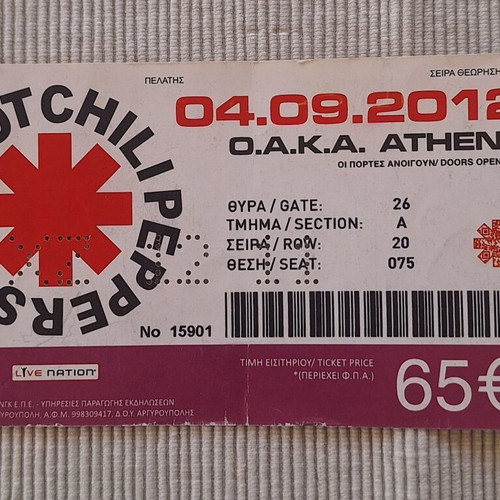 Red Hot Chili Peppers Concert Ticket used from Athens 2012